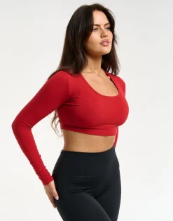 Clearance ECHT Ribbed Cropped Long Sleeve Scarlet Red